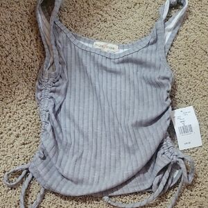 Moa Moa Gray Ruched Ribbed Sleeveless Tank Top